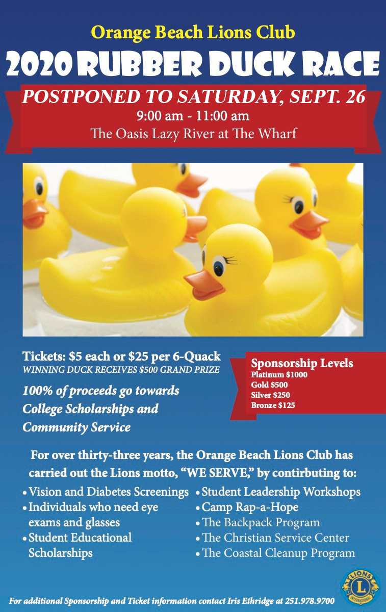 Orange Beach Lions Club 2020 Rubber Duck Race fundraiser postponed to